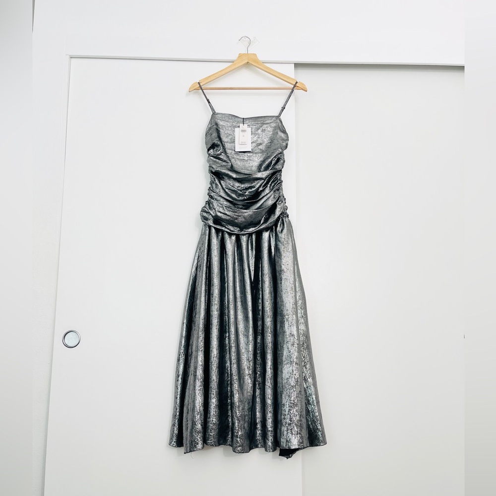 La Maise Studio Ruched Drop-Waist Silver Foil Midi Dress Size XS